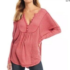 Free People Leo Henley Thermal Top Small Pink oversized